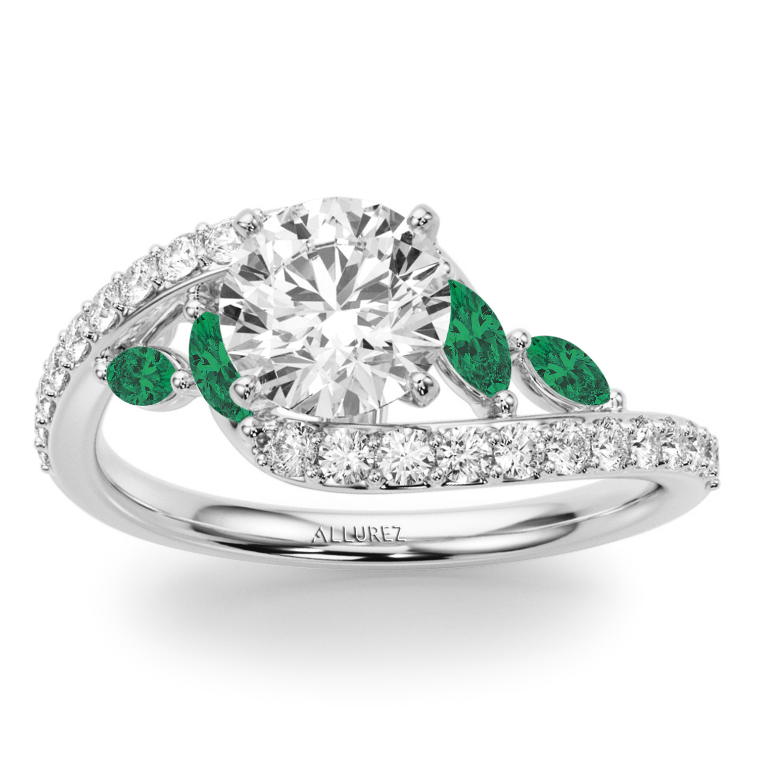 Swirl Design Lab Grown Diamond & Marquise Lab Emerald Bridal Ring Set in Platinum (0.96ct)